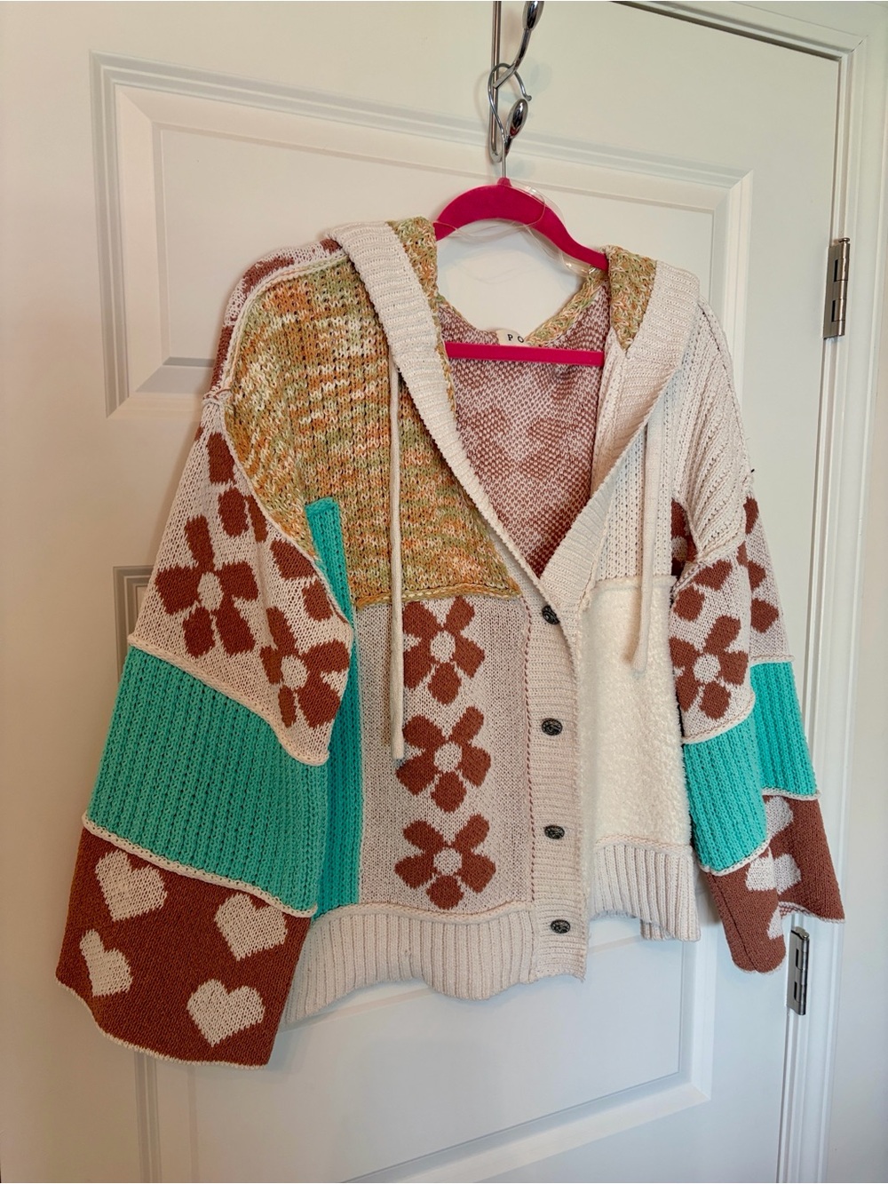 POL Colorblock Knit Hoodie Cardigan - Cream, Brown & Teal - Picture 2 of 7
